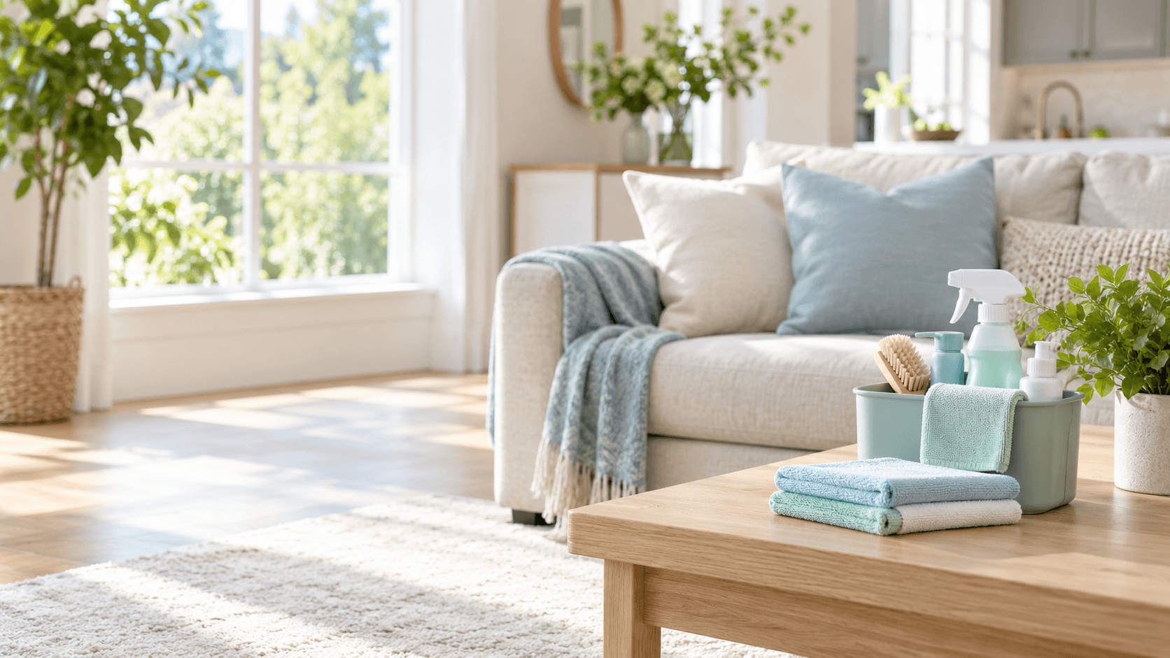 Bright living room with cleaning supplies