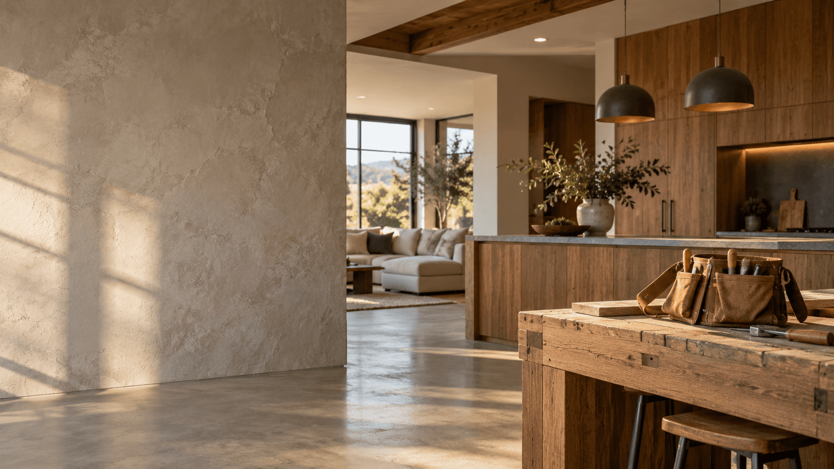 Finished warm-toned home renovation with a workbench