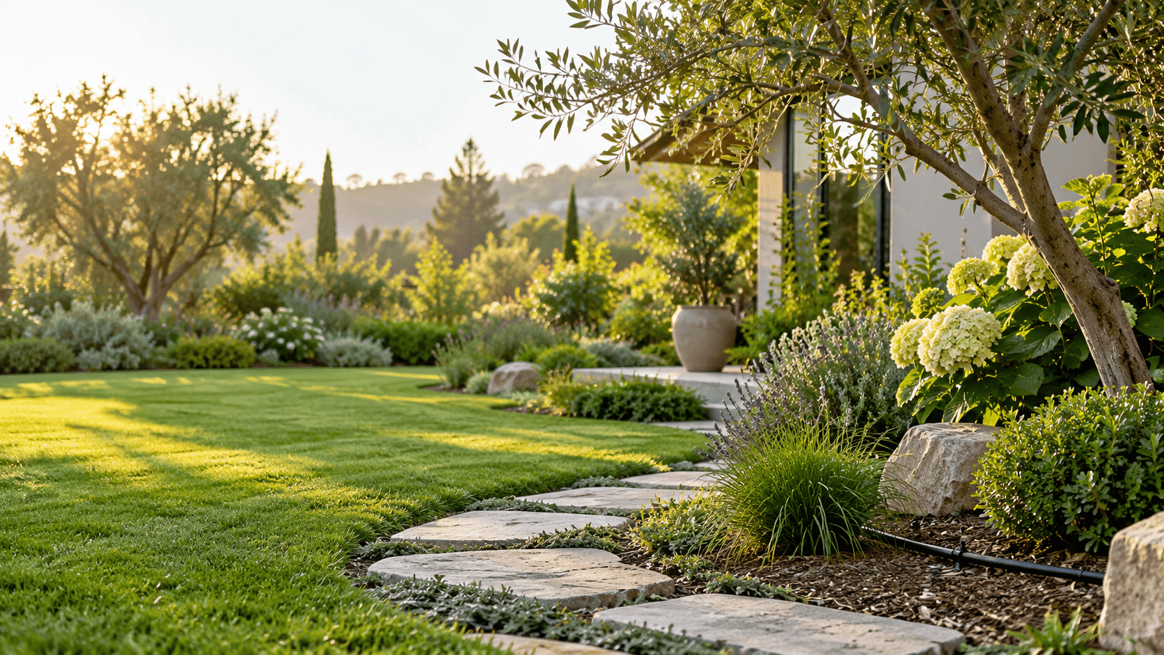Well-kept garden with discreet drip irrigation