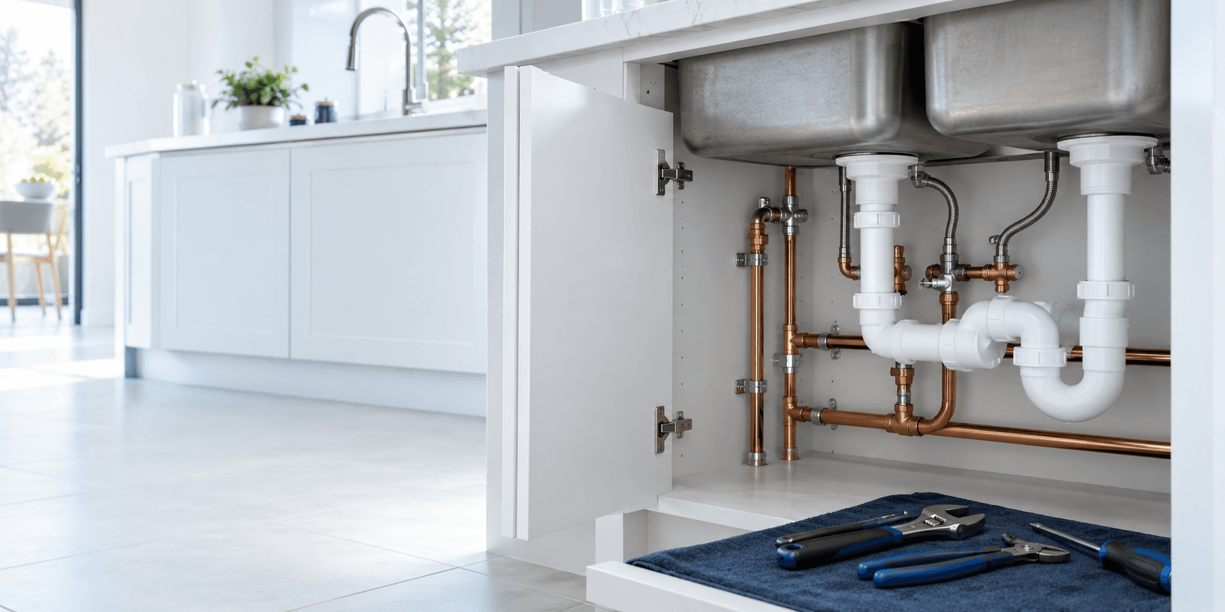 Clean plumbing installation beneath a kitchen sink